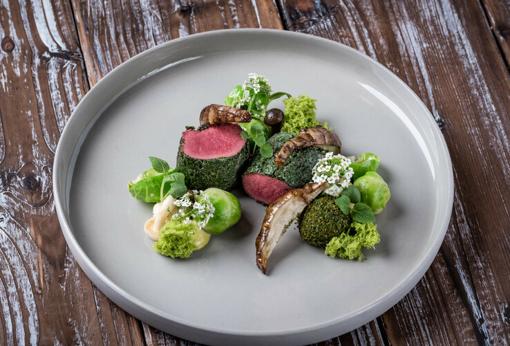 Gourmetgericht mit rosa gebratenem Fleisch, grünen Kräutern, Pilzen und Blumendekor auf grauem Teller.