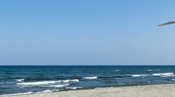 Beach chair with blue stripes on the sandy beach, view of the sea and seagulls in the blue sky.