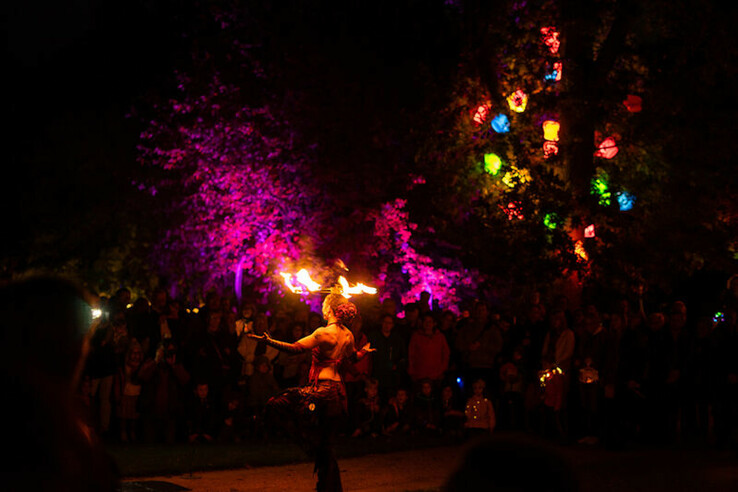Feuerspucker bei Nachtshow vor bunt beleuchteten Bäumen, umgeben von Publikum.