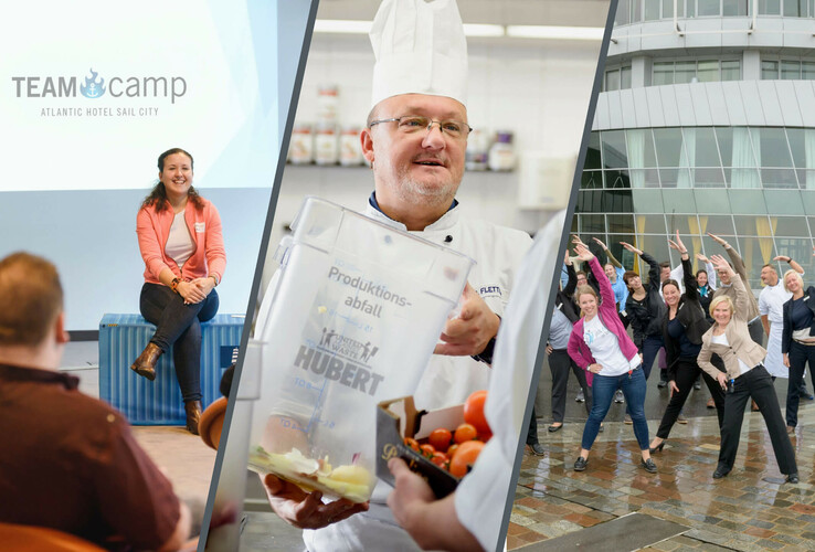 Collage of team event, chef with waste garbage can and group during outdoor training in front of the ATLANTIC Hotel Sail City.