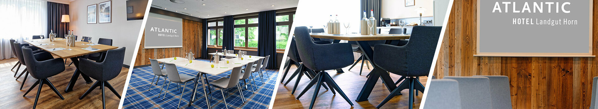 Conference special at the ATLANTIC Hotel Landgut Horn Bright, modern conference rooms at the ATLANTIC Hotel Landgut Horn Bremen with stylish furnishings and wooden accents.