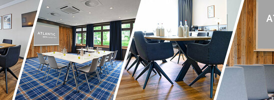Bright, modern conference rooms at the ATLANTIC Hotel Landgut Horn Bremen with stylish furnishings and wooden accents.