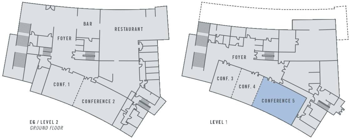 Grundriss des ATLANTIC Hotel Lübeck mit Bar, Restaurant, Foyer und Konferenzräumen auf zwei Ebenen.