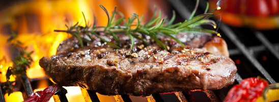 Gegrilltes Steak mit Rosmarin auf offenem Feuer, umgeben von Paprika und Knoblauch auf einem Grillrost.