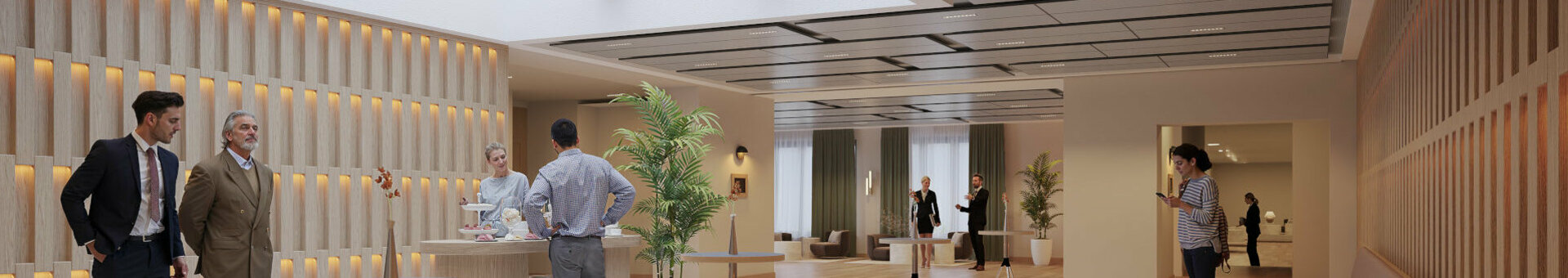 Rendering of the conference foyer at the ATLANTIC Hotel Frankfurt. Guests see a bright, modern room.