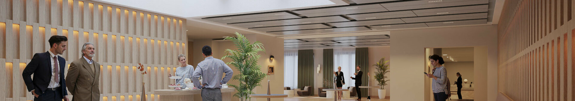 Rendering of the conference foyer at the ATLANTIC Hotel Frankfurt. Guests see a bright, modern room.