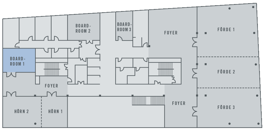 Grundriss des ATLANTIC Hotel Kiel mit markierten Konferenzräumen: Boardrooms, Hörn und Förde, verbunden durch Foyer.