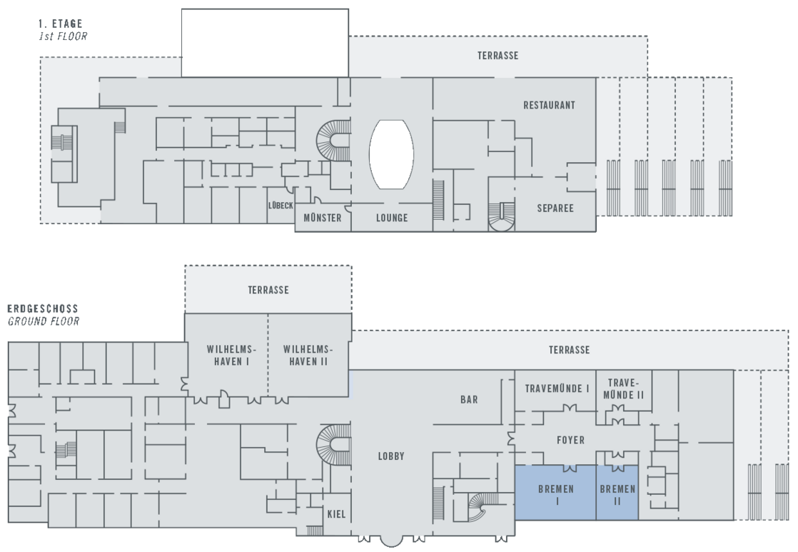 Floor plan of the ATLANTIC Hotel Wilhelmshaven with floors, terraces, restaurant and conference rooms.