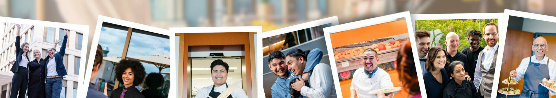 Hotelteam feiert mit Konfetti, darunter lächelnde Mitarbeiter in verschiedenen Rollen, die Teamgeist und Freude zeigen.