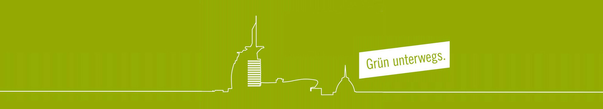 Grüne Skyline von Bremerhaven mit ATLANTIC Hotel Sail City und Text "Grün unterwegs".