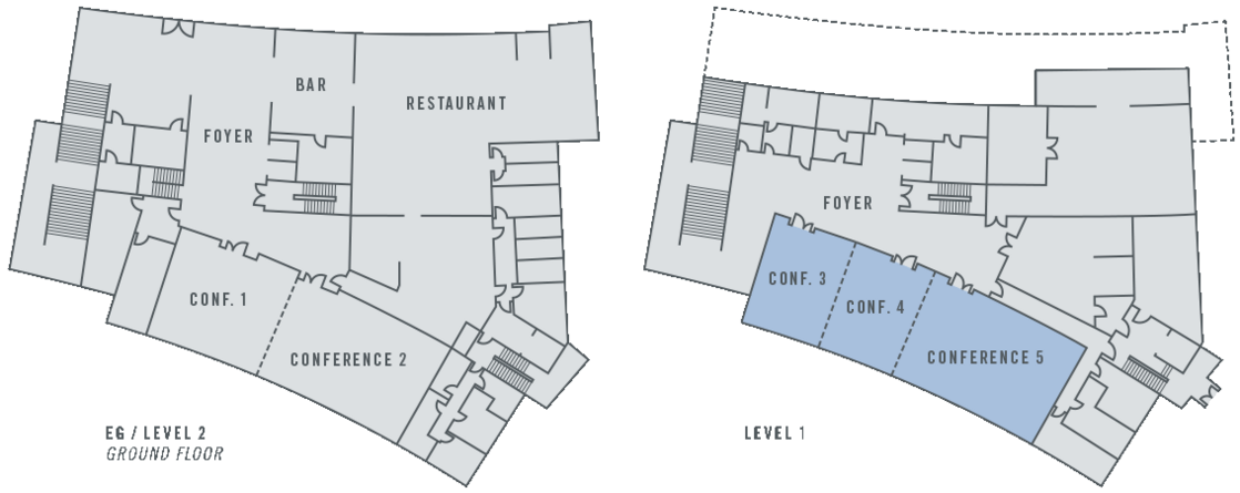 Grundriss des ATLANTIC Hotel Lübeck: Erdgeschoss mit Bar, Restaurant, Foyer, Konferenzräumen; Obergeschoss mit weiteren Konferenzräumen.