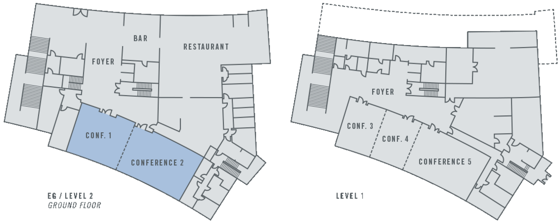 Grundriss des ATLANTIC Hotel Lübeck: Erdgeschoss mit Bar, Restaurant, Foyer und Konferenzräumen.