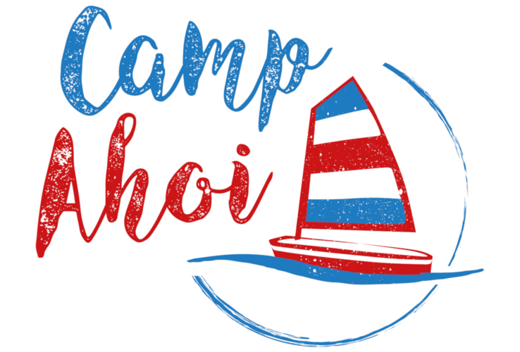 Logo with the text "Camp Ahoy" in blue and red, next to it a stylized sailing boat in blue and red on waves.