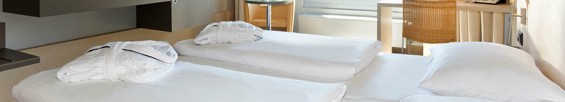 Business room in the ATLANTIC Hotel Universum Bright hotel room with two beds, desk, TV and large window with a view of green trees.