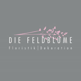 Logo of "Die Feldblume" with pink flower motif on gray background, text: Floristry | Decoration.