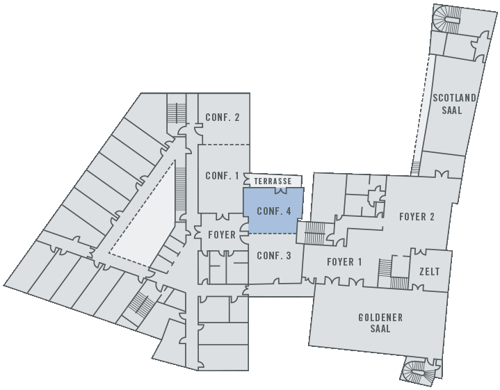 Floor plan of the ATLANTIC Grand Hotel Bremen with marked conference rooms and halls, including terrace.