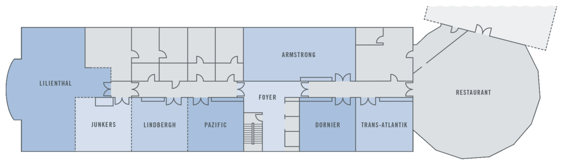 Grundriss des ATLANTIC Hotel Airport Bremen mit Tagungsräumen und Restaurant.