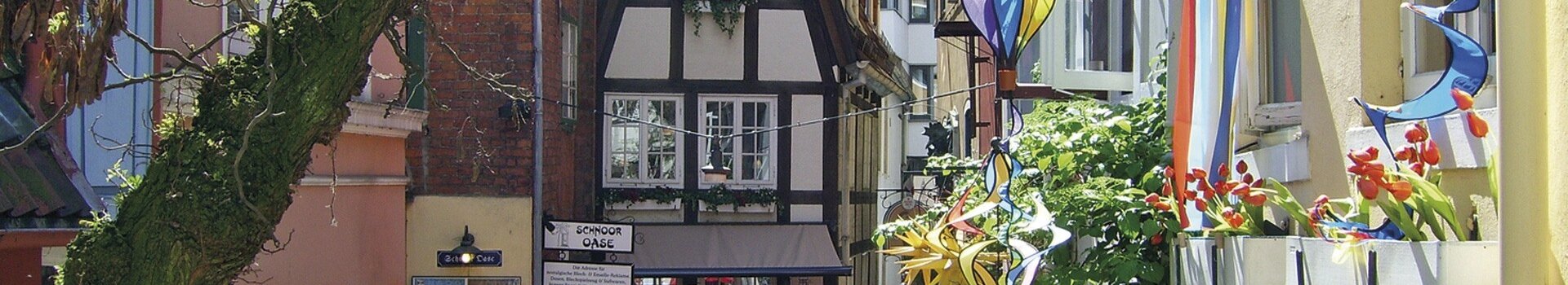 Colorful alley in the Schnoorviertel Bremen, half-timbered houses, decorations and plants, inviting and picturesque.