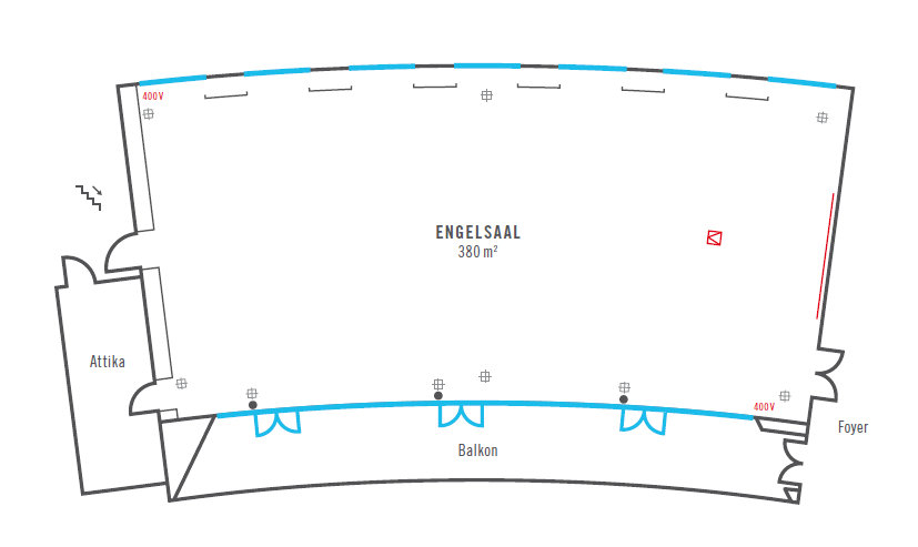 Grundriss Veranstaltungsraum Engelsaal l ATLANTIC Hotels Münster Grundriss des 380 m² Engelsaals im ATLANTIC Hotel Münster mit Balkon, Attika und Zugang zum Foyer.