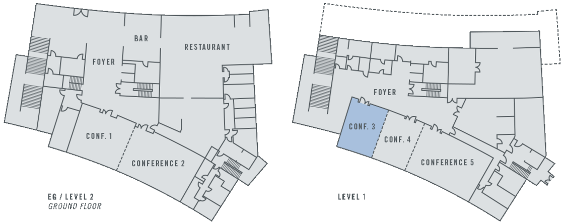 Floor plan of the ATLANTIC Hotel Lübeck with bar, restaurant, foyer and conference rooms on two floors.