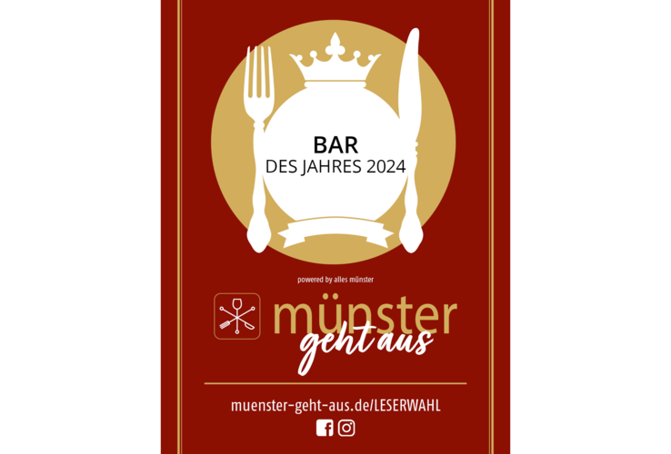 Rotes Plakat mit goldener Krone, Gabel und Messer. Text: "Bar des Jahres 2024, Münster geht aus".