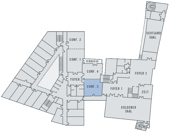 Floor plan of the ATLANTIC Grand Hotel Bremen with conference rooms, foyers and halls, including the Golden Hall and Scotland Hall.