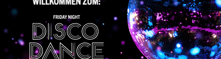 Disco ball with purple and blue lights, text: "Friday Disco Dance, dance until midnight", ATLANTIC Hotel Münster.