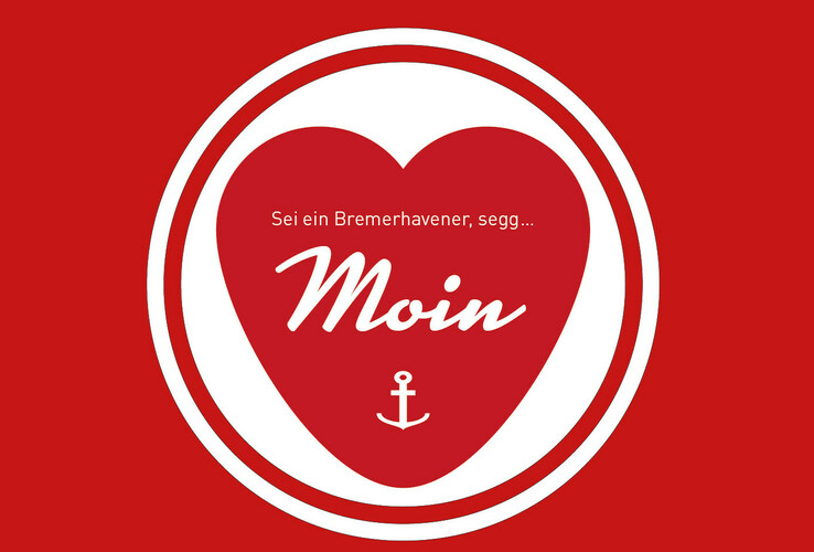 Rotes Herz mit Anker und Text "Sei ein Bremerhavener, segg... Moin" auf rotem Hintergrund.