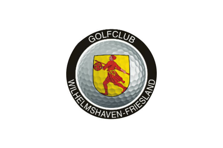 Logo des Golfclubs Wilhelmshaven-Friesland, zeigt Wappen mit roter Figur auf gelbem Hintergrund über Golfballtextur.