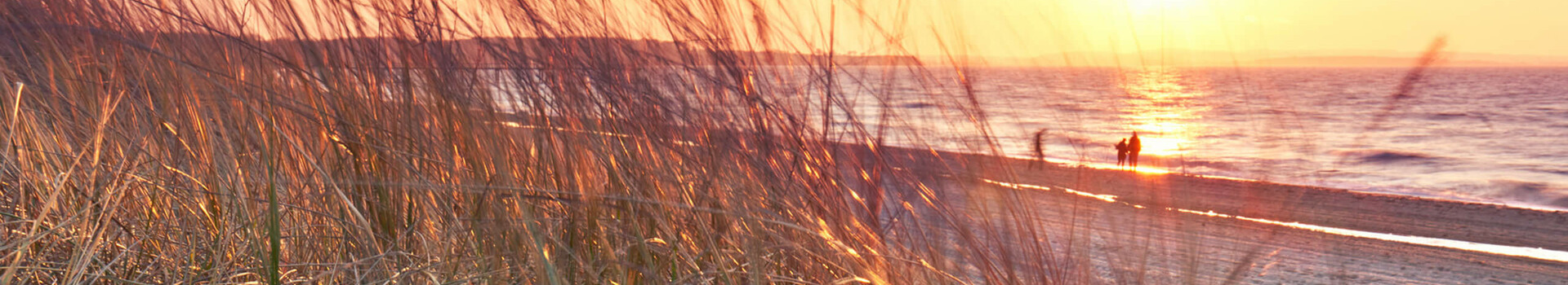 Arrangement Ostsee-Tage in Travemünde Sonnenuntergang am Strand von Travemünde, mit Gras im Vordergrund und Personen am Wasser.