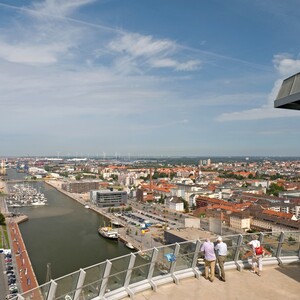 View of Bremerhaven and the harbor from the viewing platform of the ATLANTIC Hotel Sail City on a clear day.