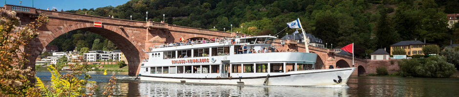 ATLANTIC Hotel Heidelberg Rahmenprogramm Schifffahrt Ein weißes Ausflugsschiff fährt auf einem Fluss unter einer historischen Steinbrücke, umgeben von grüner Landschaft.
