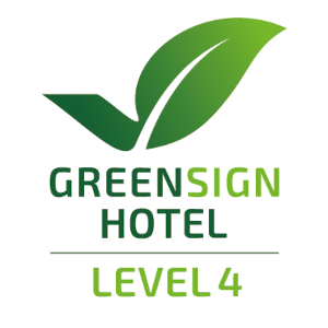 Logo of the ATLANTIC Hotel Münster with GreenSign Hotel Level 4 certification, green leaf symbol.