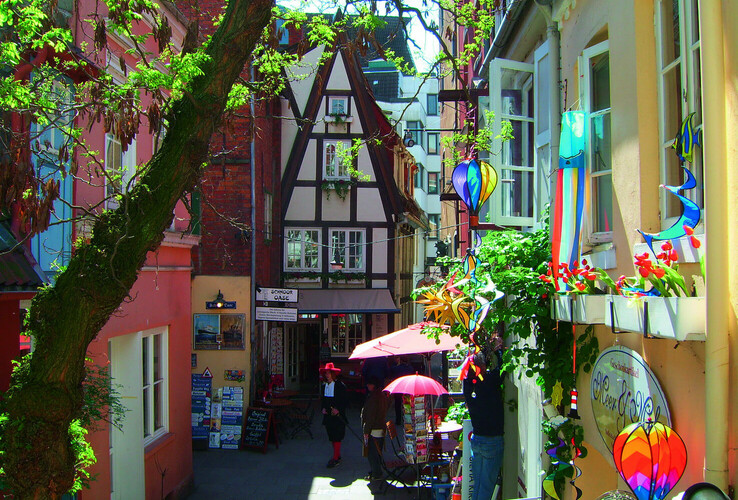 Bunte Gasse in Bremen mit Fachwerkhäusern, blühenden Pflanzen und Dekorationen, die eine gemütliche Atmosphäre schaffen.