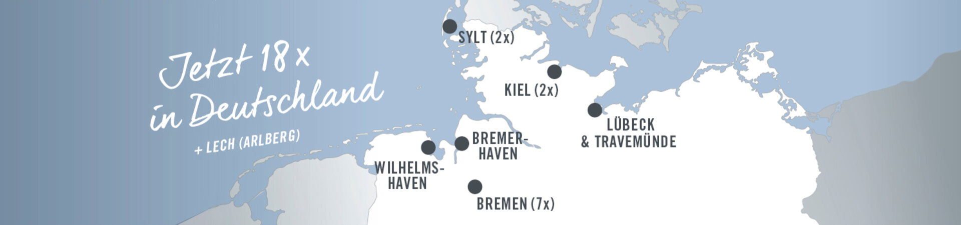 ATLANTIC Hotels Standortkarte Karte von Norddeutschland mit Hotelstandorten in Sylt, Kiel, Wilhelmshaven, Bremerhaven, Bremen, Lübeck und Travemünde.