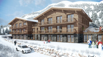 Alpenhotel im Winter, Holzfassade, Gäste auf Balkonen, verschneite Landschaft, Kinder spielen im Schnee.