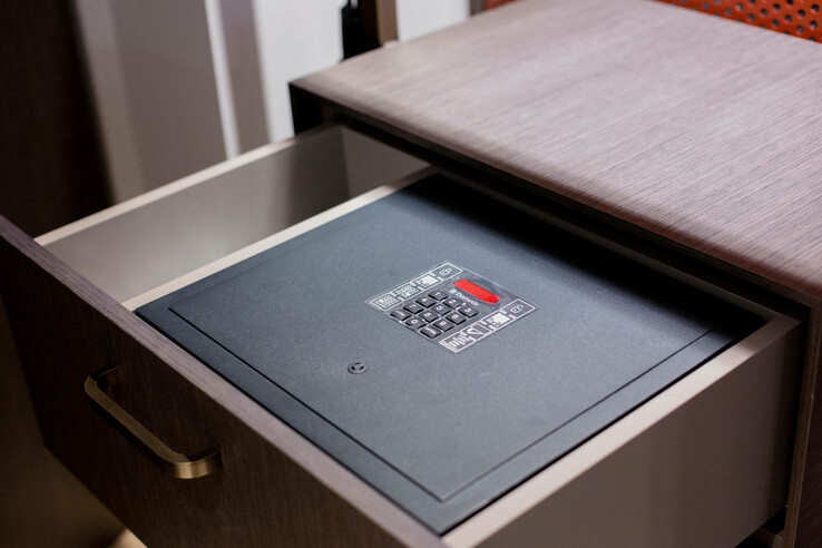 Open drawer with integrated safe and numerical code keypad in the ATLANTIC Grand Hotel Bremen.