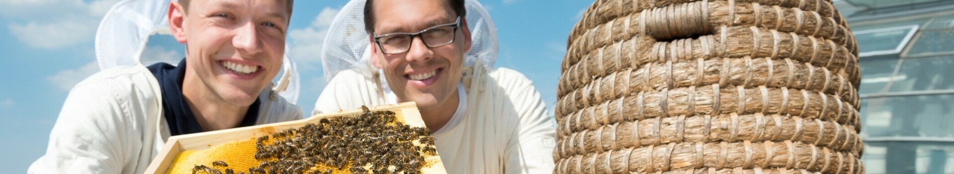 Beekeepers show a honeycomb next to a traditional beehive on the roof of the ATLANTIC Hotel Sail City.