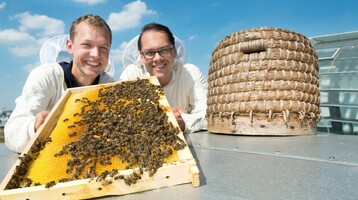 Beekeepers show a honeycomb next to a traditional beehive on the roof of the ATLANTIC Hotel Sail City.