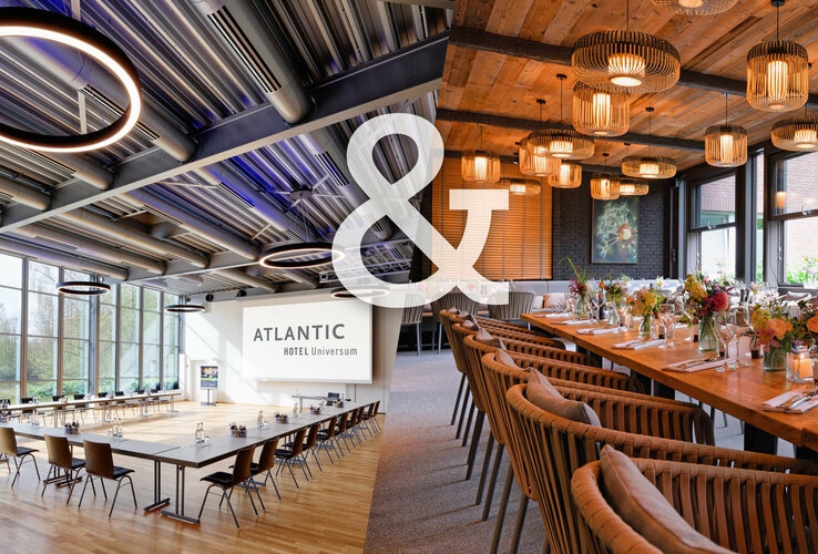 Ein Zuschnitt zwei verschiedener Fotos, auf der linken Hälfte sieht man den Veranstaltungsraum des ATLANTIC Hotels Universum, auf der rechten Seite den Wintergarten im ATLANTIC Hotel Landgut Horn