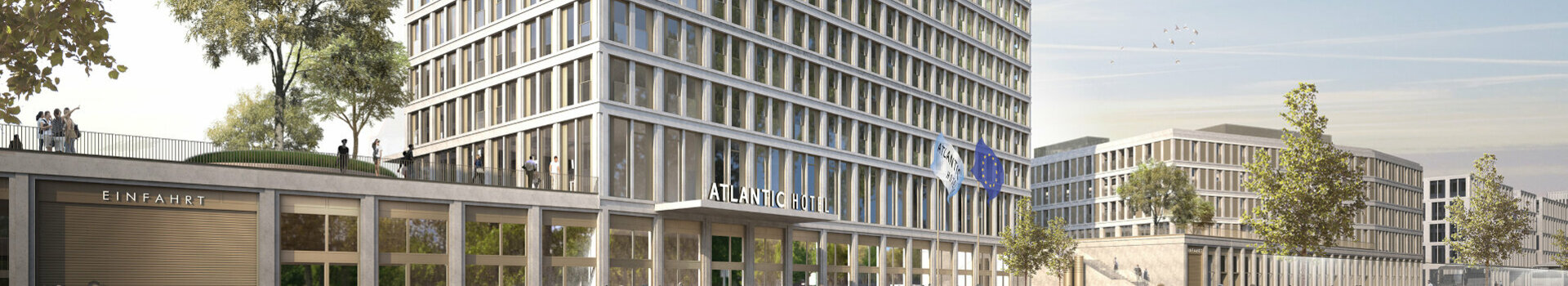 Visualisierung des ATLANTIC Hotel Heidelberg | Eröffnung September 2023 Modern high-rise hotel with glass facade, trees and people on the street under a clear sky.