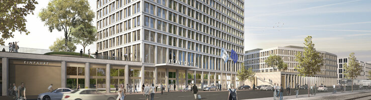 Visualisierung des ATLANTIC Hotel Heidelberg | Eröffnung September 2023 Modernes Hochhaus-Hotel mit Glasfassade, Bäumen und Menschen auf der Straße bei klarem Himmel.
