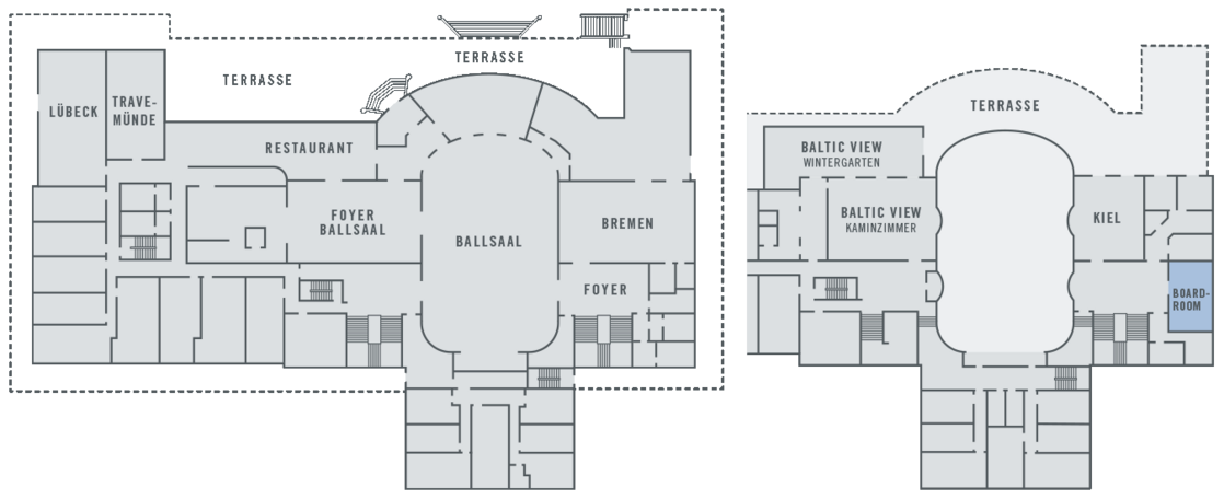 Grundriss des ATLANTIC Grand Hotel Travemünde mit Ballsaal, Restaurant, Foyer und Tagungsräumen.