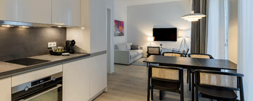 Küche mit Sitzmöglichkeit in der Kategorie Studio in der ATLANTIC Dependance | ATLANTIC Grand Hotel Travemünde
