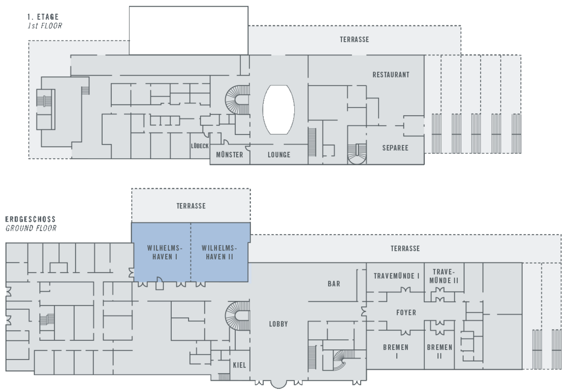 Grundriss des ATLANTIC Hotels Wilhelmshaven mit markierten Bereichen: Lobby, Bar, Restaurant, Tagungsräume.