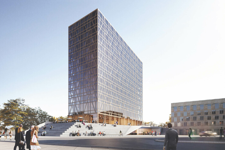 Modern hotel building with glass façade, surrounded by people on a wide staircase and a square in daylight.