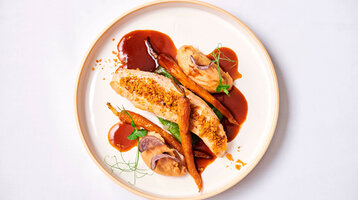 Supreme of Klangens Weideglockel - Restaurant alto Gourmet dish with chicken breast, carrots, puree and sauce, artfully arranged on a white plate.