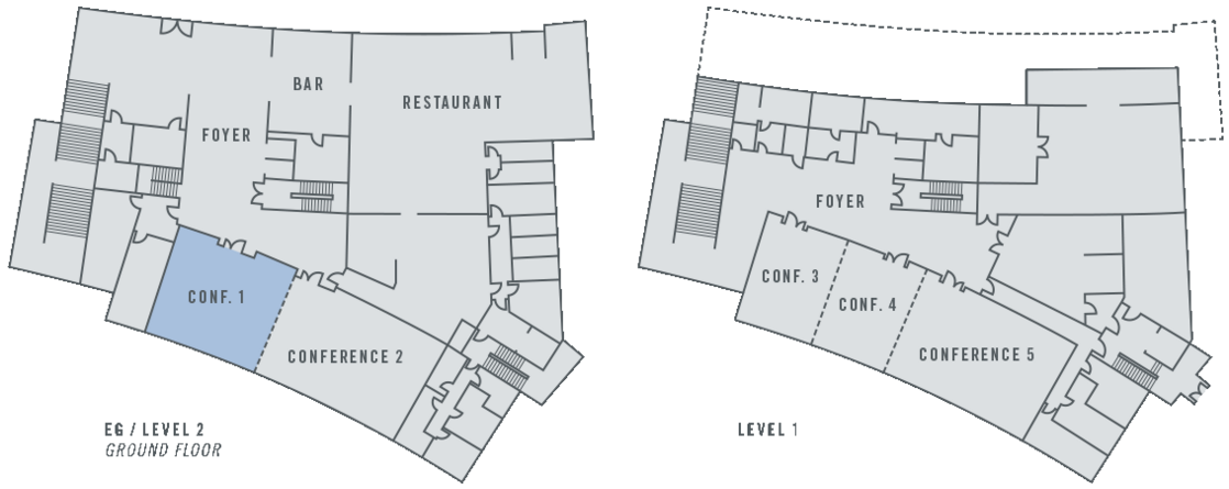 Grundriss des ATLANTIC Hotel Lübeck mit Foyer, Bar, Restaurant und Konferenzräumen auf zwei Etagen.