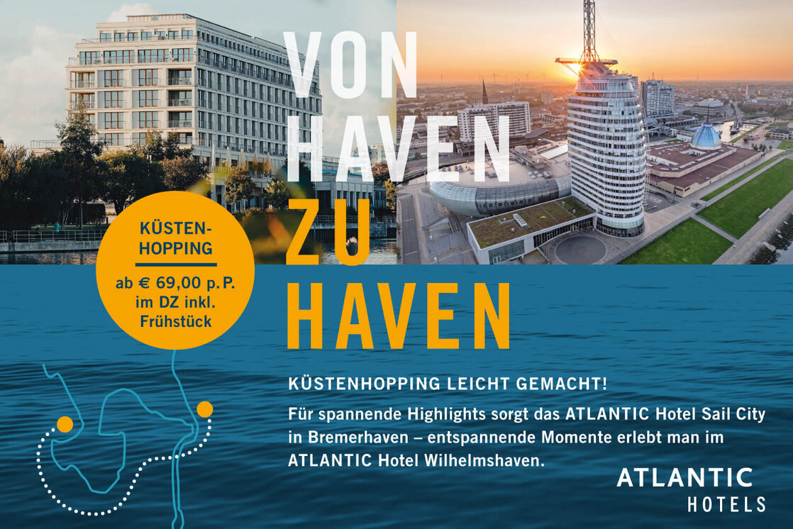 Zwei moderne Hotelgebäude, Text "Von Haven zu Haven", Angebot für Küstenhopping ab 69 Euro inklusive Frühstück.