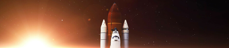 Raumfahrtführung in Bremen | Rahmenprogramm ATLANTIC Hotel Airport Bremen Ein Space Shuttle startet ins All, die Erde und ein Sonnenaufgang im Hintergrund.